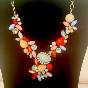 J Crew faux gemstone bib necklace coral rhinestone peach and blue